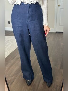 Zara Linen straight leg pants in Navy Blue Sz M